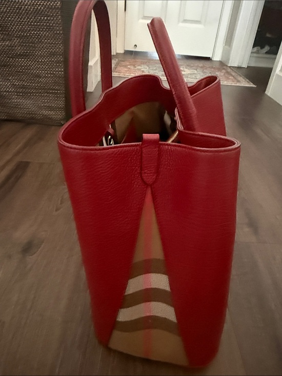 Burberry Handbags - Burberry Red Leather Tote with Classic Check Side Panels
